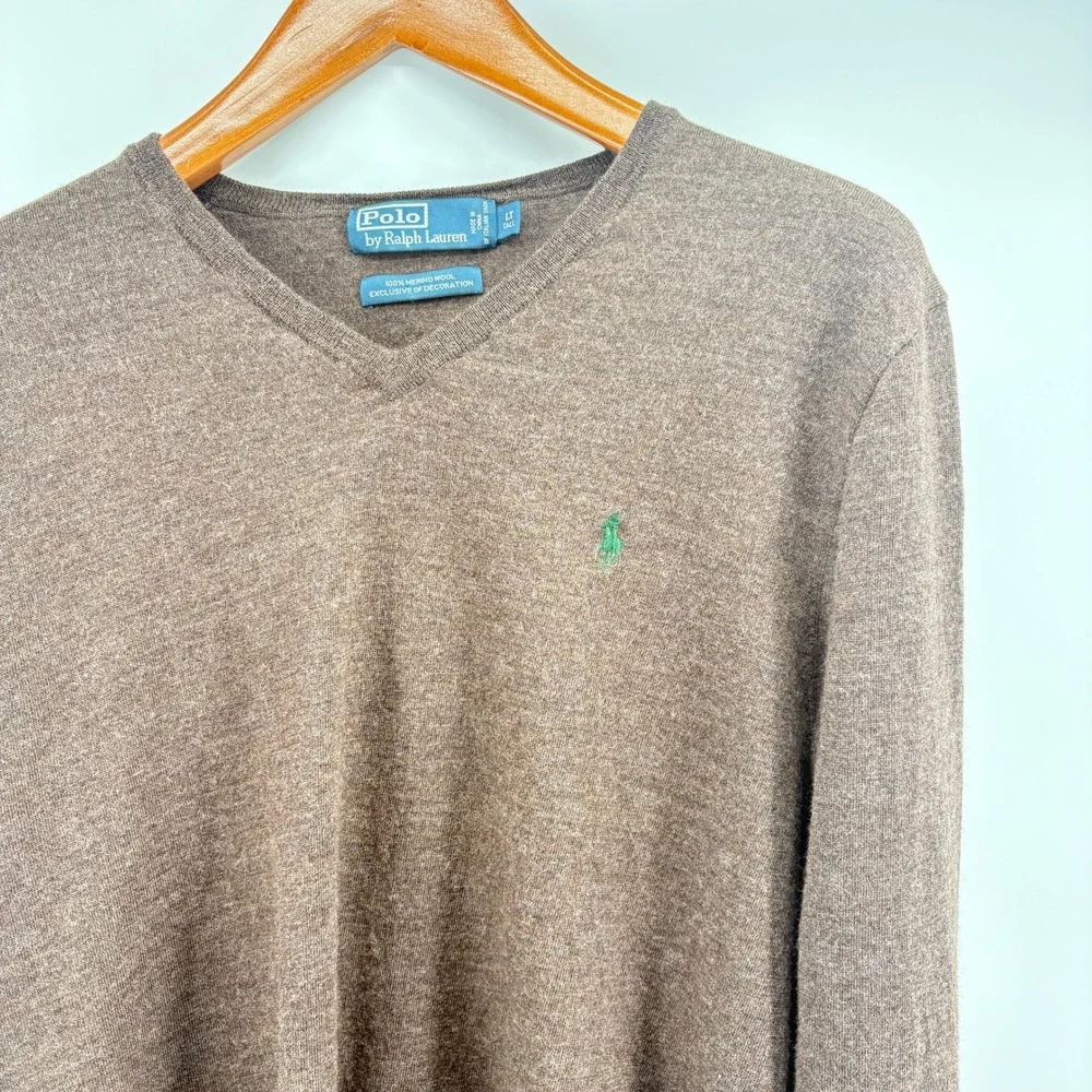 Polo Ralph Lauren Mens Brown 100% Merino Wool V-Neck Sweater Size LT Tall‎
